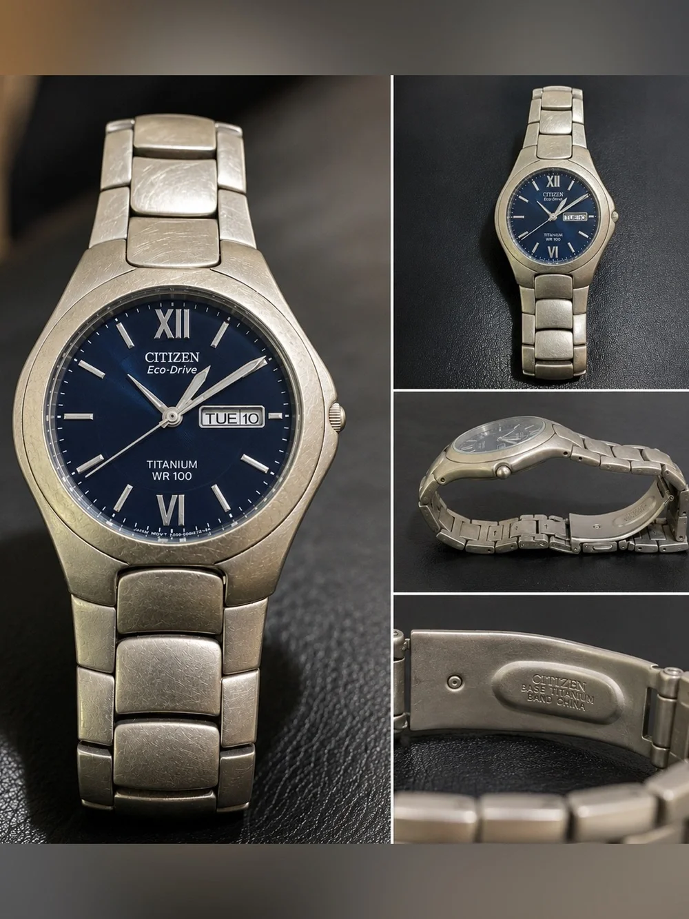 Citizen Eco-Drive Titanium Men’s Watch Navy Blue Dial Day Date WR100 Silver